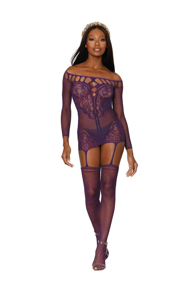 Scalloped Lace Garter Dress Aubergine O/s | Dream Girl Lingerie Couples