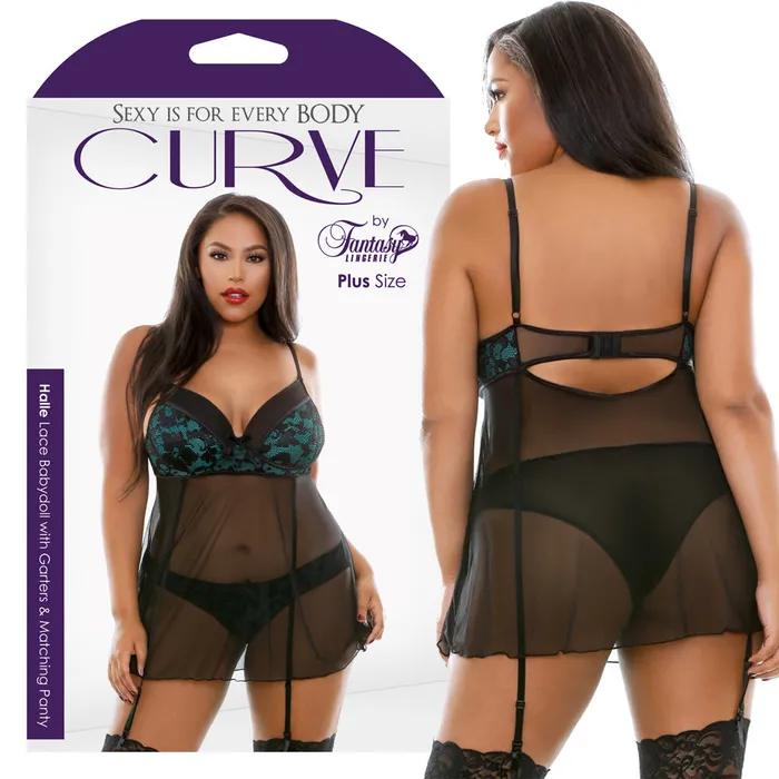 Fantasy Lingerie Vibrators Curve Halle BabydollPnty EmldBlk 3X4X