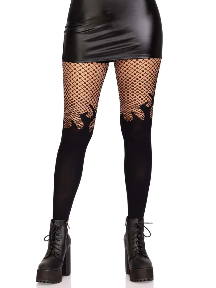 Leg Avenue Bodystockings Playsuits Opaque Flame Tights With Fishnet Top One Size Black Leg Avenue Bodystockings Playsuits Opaque Flame Tights With Fishnet Top One Size Black