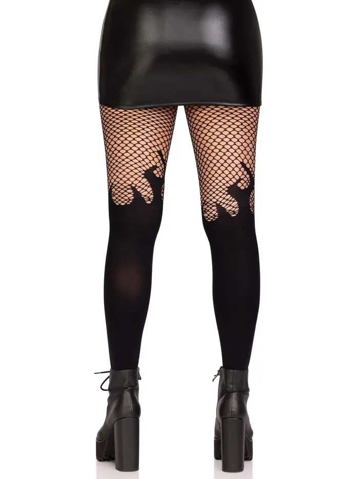 Leg Avenue Bodystockings Playsuits Opaque Flame Tights With Fishnet Top One Size Black Leg Avenue Bodystockings Playsuits Opaque Flame Tights With Fishnet Top One Size Black