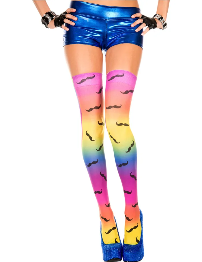 MUSIC LEGS Female Sex Toys Rainbow Colored Thigh High Stockings with Mustache Print One Size MUSIC LEGS Female Sex Toys Rainbow Colored Thigh High Stockings with Mustache Print One Size