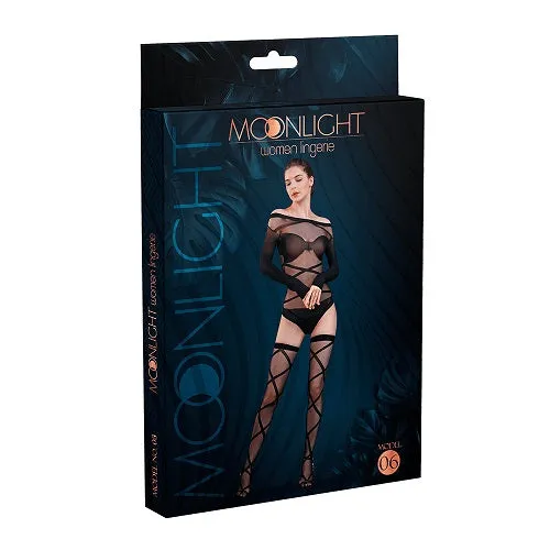 Bodystockings Playsuits Moonlight Lingerie Moonlight Black Bardot Style Body with Stockings One Size
