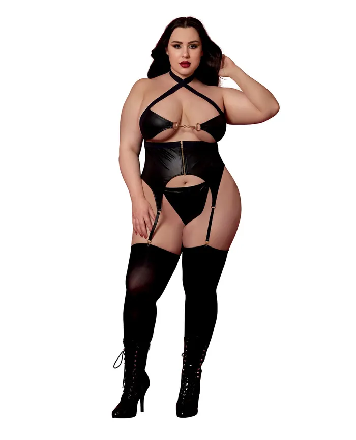 Anal Faux Leather Bustier wGold Details GString 2 pc Set Black QN Dreamgirl Anal Faux Leather Bustier wGold Details GString 2 pc Set Black QN Dreamgirl