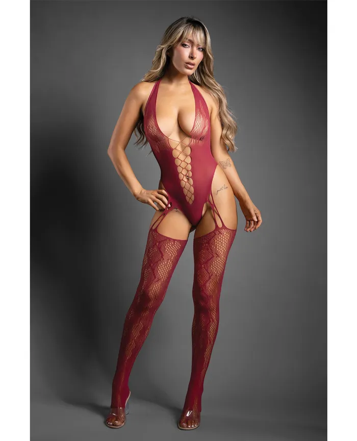 Fantasy Lingerie Vibrators Sheer Pretty Poison Snakeskin Pattern Halter Bodystocking Burgundy OS