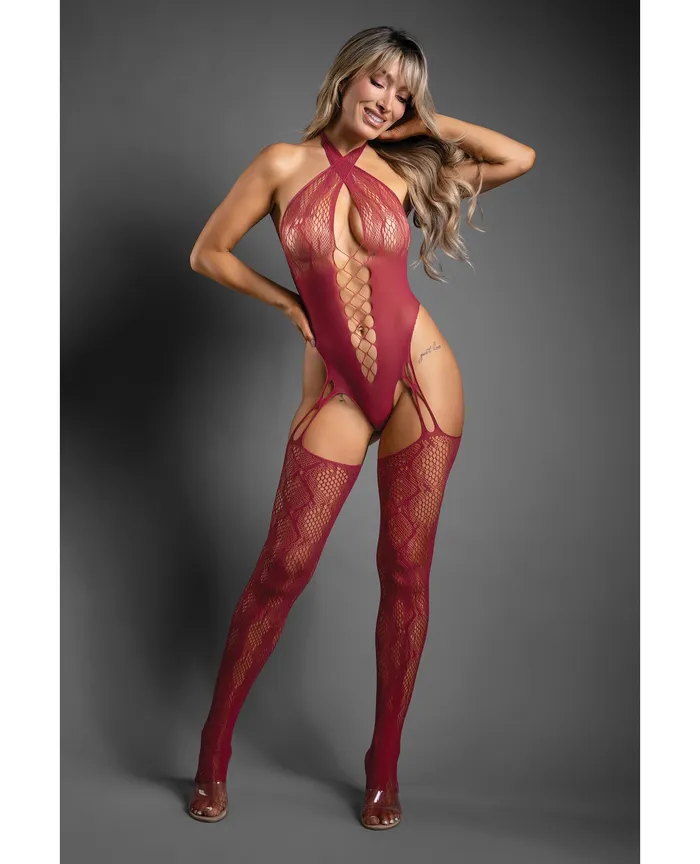 Fantasy Lingerie Vibrators Sheer Pretty Poison Snakeskin Pattern Halter Bodystocking Burgundy OS