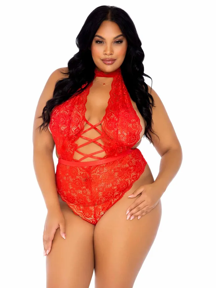 Leg Avenue Couples High Neck Floral Lace Crotchless Teddy