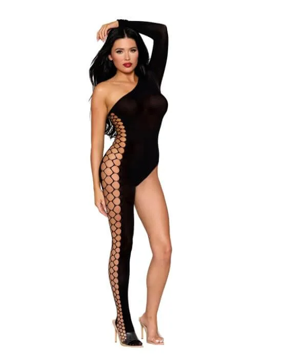 Asymmetrical SemiSheer Black Bodystocking with Fence Net Side Detail One Size Dream Girl Lingerie Bodystockings Playsuits Asymmetrical SemiSheer Black Bodystocking with Fence Net Side Detail One Size Dream Girl Lingerie Bodystockings Playsuits