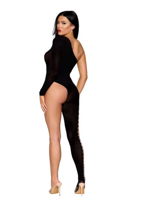 Asymmetrical SemiSheer Black Bodystocking with Fence Net Side Detail One Size Dream Girl Lingerie Bodystockings Playsuits