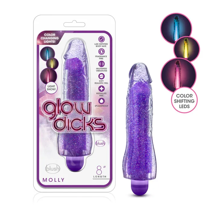Glow Dicks By Blush Molly Glitter Realistic Purple 8Inch Long Vibrating Dildo Blush Vibrators Glow Dicks By Blush Molly Glitter Realistic Purple 8Inch Long Vibrating Dildo Blush Vibrators