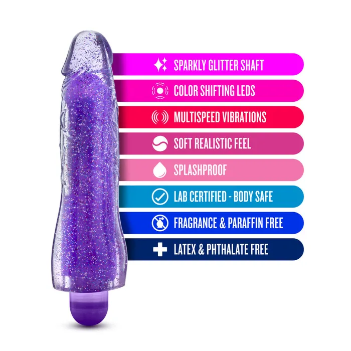 Glow Dicks By Blush Molly Glitter Realistic Purple 8Inch Long Vibrating Dildo Blush Vibrators
