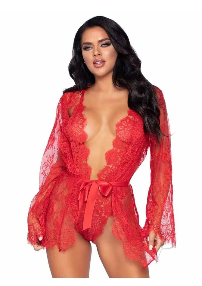 Leg Avenue Inc Teddies And Bodies Love Affair Lace Robe Teddy Set Large Red Lingerie with Plunging Bodysuit and Lace Robe