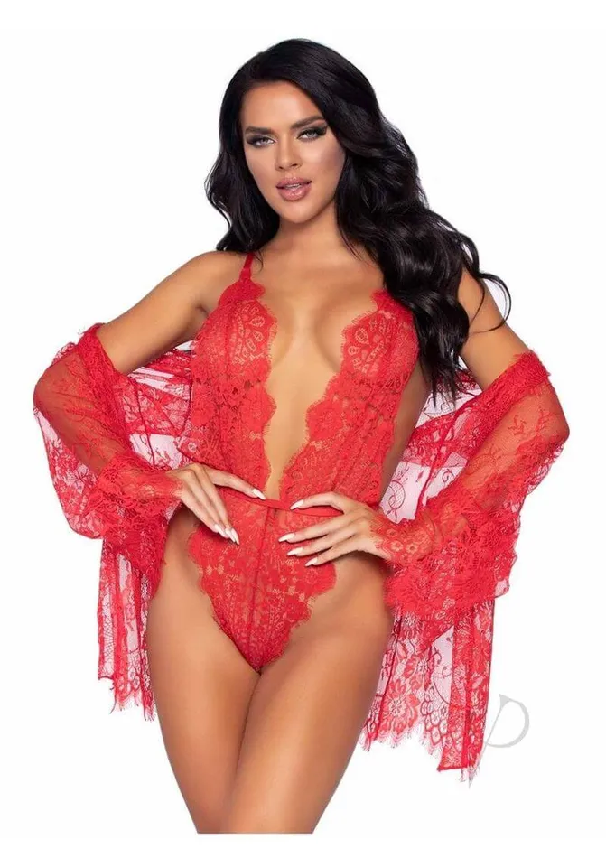 Leg Avenue Inc Teddies And Bodies Love Affair Lace Robe Teddy Set Large Red Lingerie with Plunging Bodysuit and Lace Robe