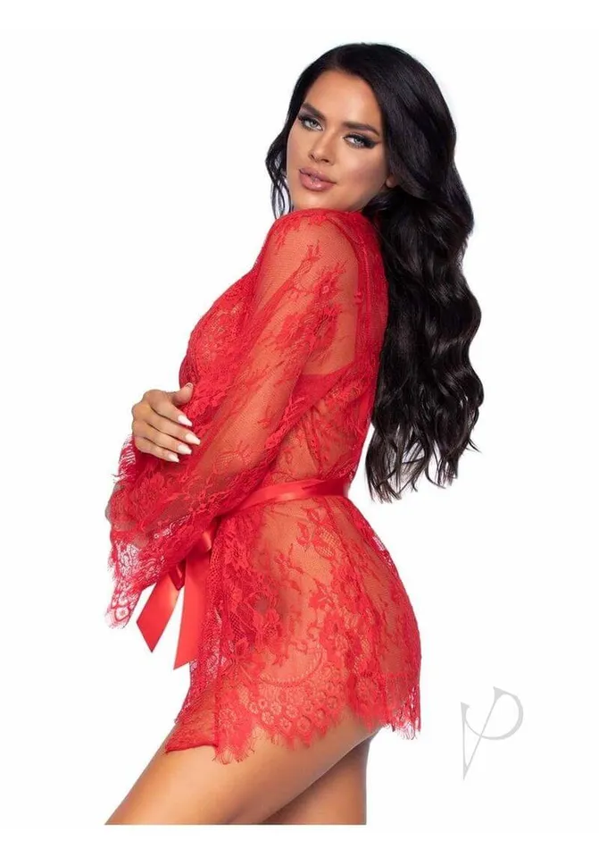 Leg Avenue Inc Teddies And Bodies Love Affair Lace Robe Teddy Set Large Red Lingerie with Plunging Bodysuit and Lace Robe