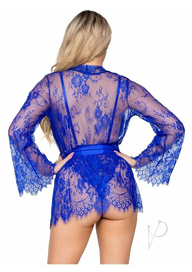 Leg Avenue Inc Teddies And Bodies Love Affair Lace Robe Teddy Set Small Blue Lingerie with Plunging Bodysuit and Lace Robe