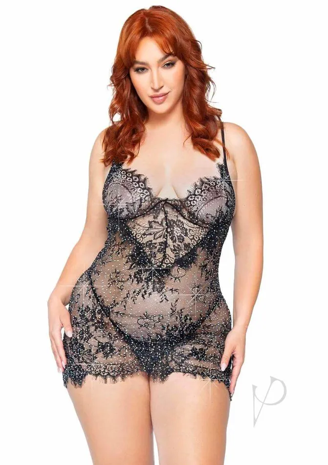 Meant To Be Plus Lace Dress Set 1X2X Black Eyelash Lace Lingerie with Rhinestones Leg Avenue Inc Couples Meant To Be Plus Lace Dress Set 1X2X Black Eyelash Lace Lingerie with Rhinestones Leg Avenue Inc Couples