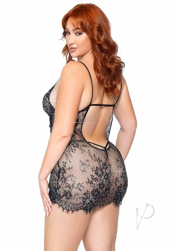 Meant To Be Plus Lace Dress Set 1X2X Black Eyelash Lace Lingerie with Rhinestones Leg Avenue Inc Couples