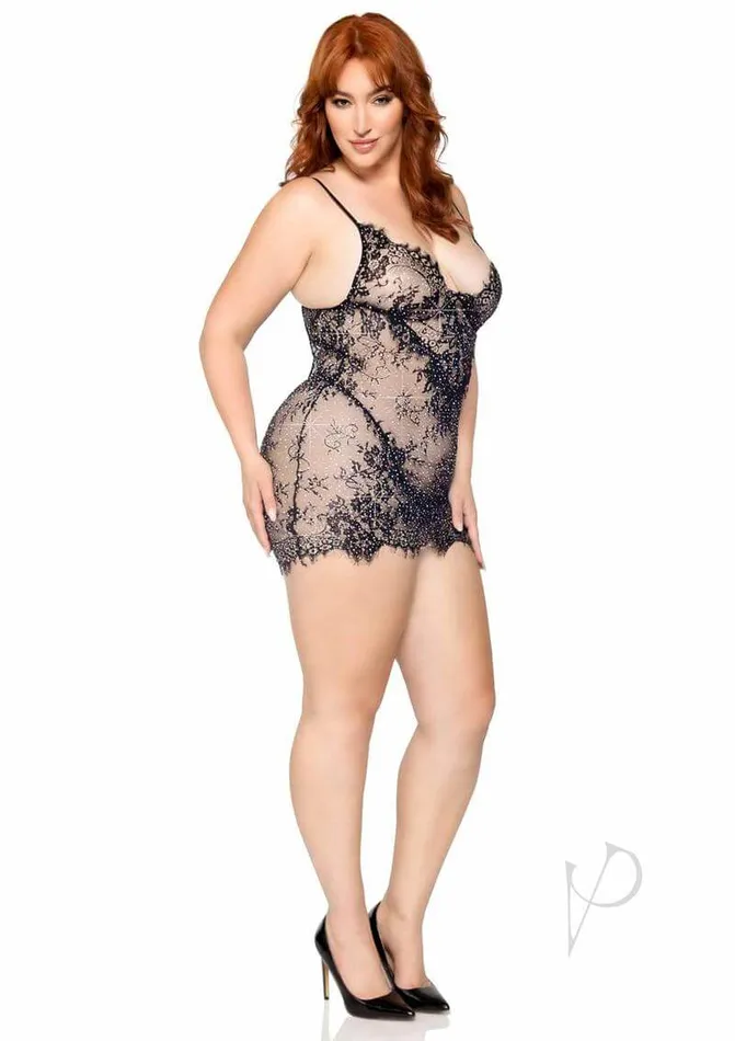 Meant To Be Plus Lace Dress Set 1X2X Black Eyelash Lace Lingerie with Rhinestones Leg Avenue Inc Couples