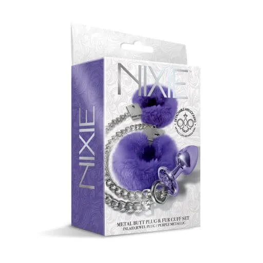 Nixie Metal Plug and Furry Cuff Set Purple Global Novelties Anal