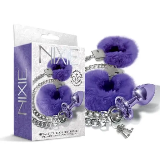 Nixie Metal Plug and Furry Cuff Set Purple Global Novelties Anal