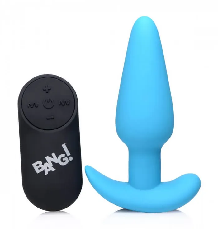 XR Brands Male Sex Toys Bang 21X Vibrating Silicone Butt Plug with Remote Control Blue