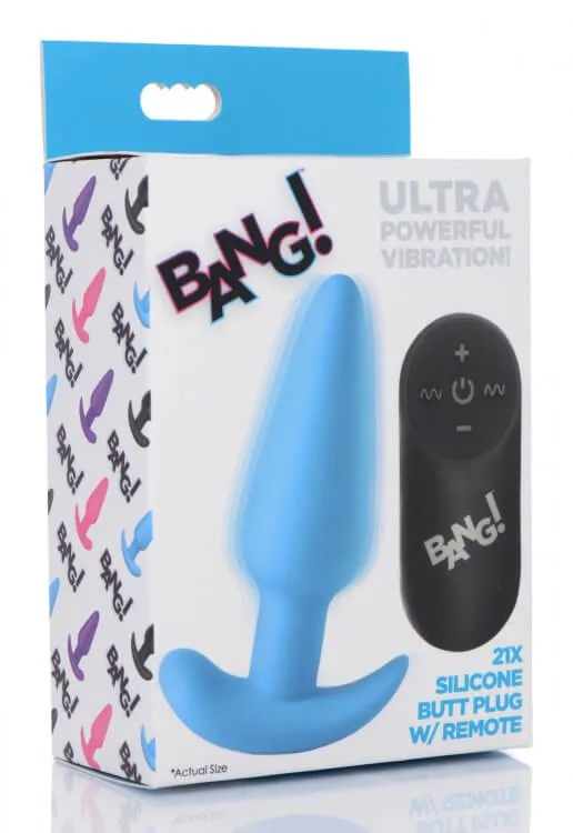 XR Brands Male Sex Toys Bang 21X Vibrating Silicone Butt Plug with Remote Control Blue